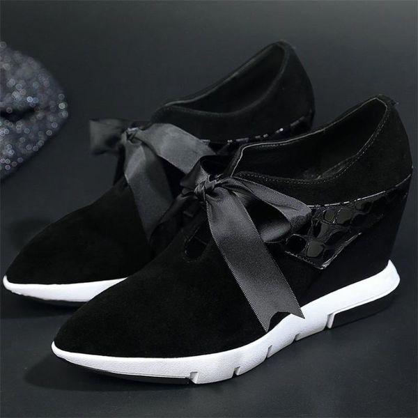 

dress shoes women genuine leather wedges high heel pumps pointed toe trainers female lace up walking ankle boots casual travel, Black