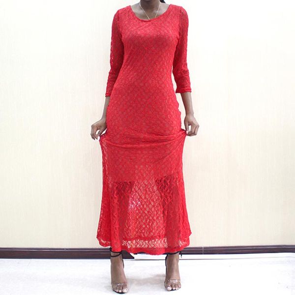 

african dresses for women pure color elegant jacquard o-neck long sleeves lace maxi robe tulle with inside dress ethnic clothin, Red