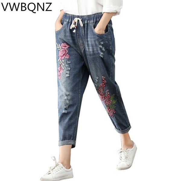 

women's pants & capris spring summer fashion lady embroidered denim harem loose elastic waist jeans casual women large size nine 3xl, Black;white