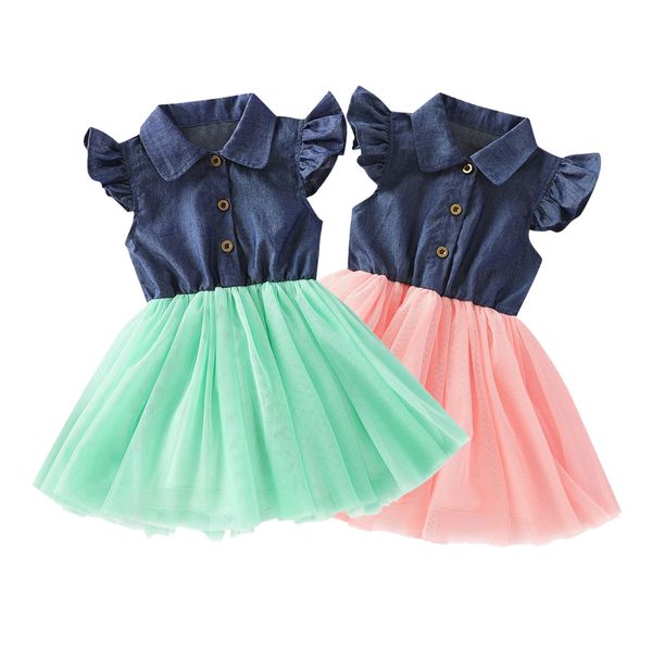 

baby summer dress girls flying sleeve gauze turn-down dresses big girls denim skirts kids clothing xy 001, Red;yellow
