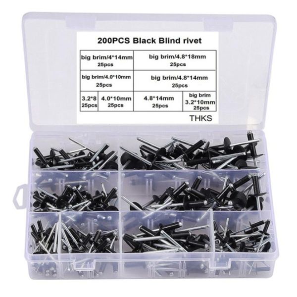 

200pcs black blind rivets aluminium high strength round head rivet assortment kit countersunk screws storage bags