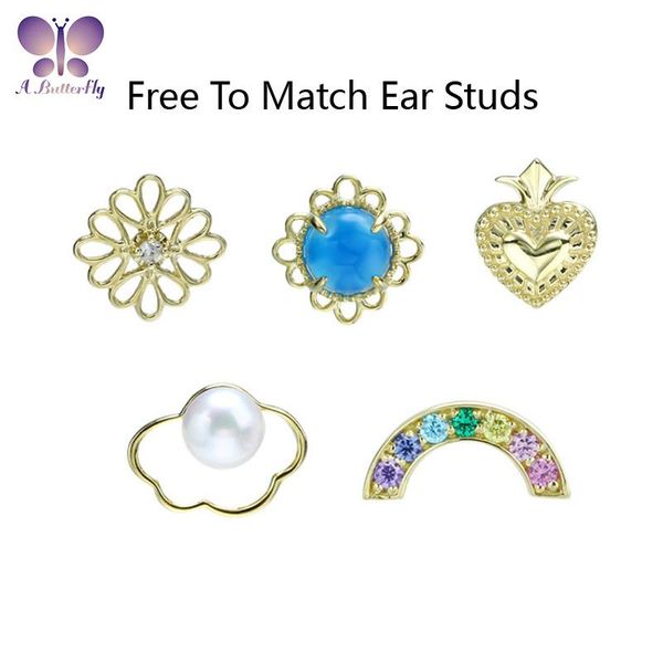 

stud 9k yellow gold multi-combination color treasure pearl cloud earrings rainbow girl jewelry single piece for sale, Golden;silver