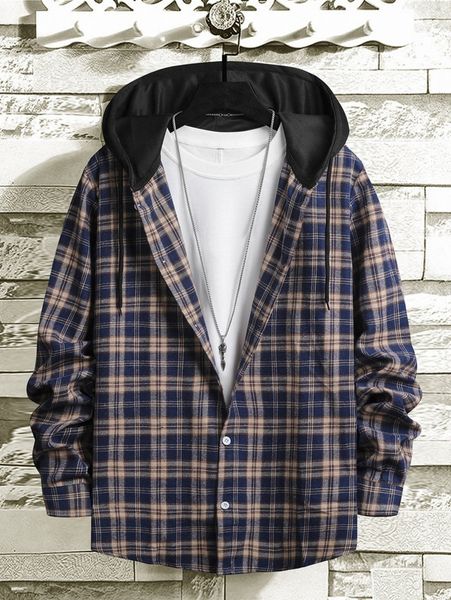 

men tartan drawstring hooded coat without tee d3le#, Black;brown