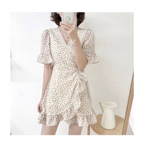 

casual dresses feminine polka dots print ruffles v-neck chiffon 85aj, Black;gray