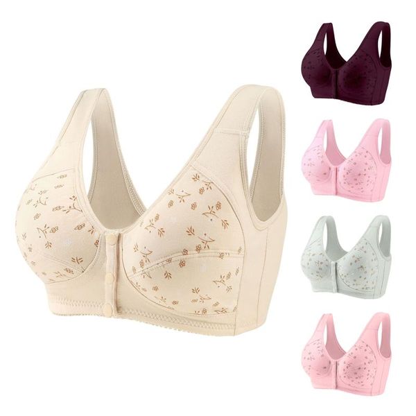 

bras comfortable and soft front closing bra wide shoulder straps printed middle aged women's daily wear, Red;black