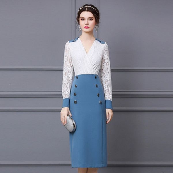 

casual dresses office lady lace retro spring summer dress women slim long sleeve vintage patchwork double breasted skirt xxl plus 6t8w, Black;gray