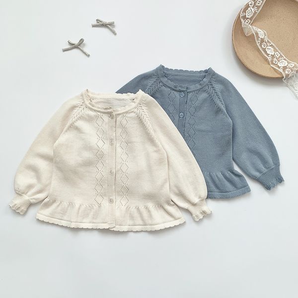 

2021 new spring baby girls knitted hollow out sweaters korean style pure color toddlers kids cardigan coats, Blue