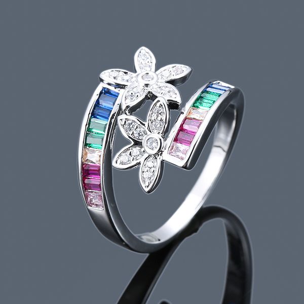 Design Regenbogen Blume CZ Ring Frauen Hochzeit Geschenk Gold Farbe Blätter Österreichischen Zirkon Mode Kristall Ringe Schmuck Großhandel