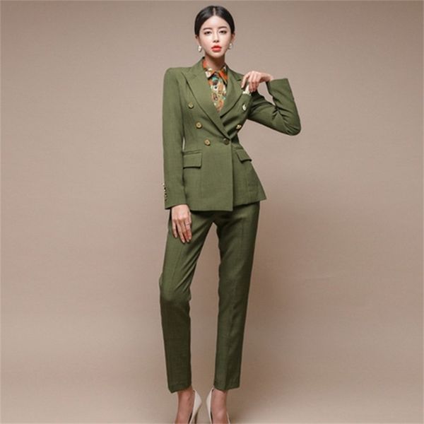 

autumn double breasted blazer women slim plaid pant suits 2 piece set for coats office outfit 210603, White