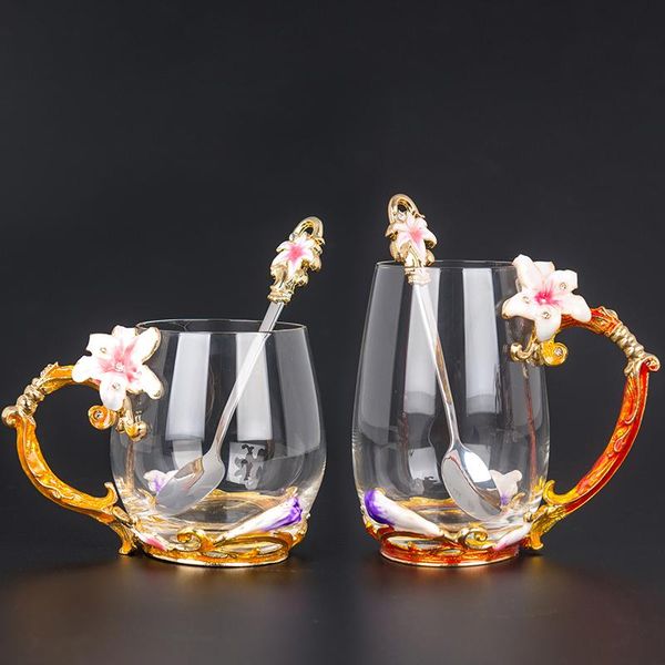 

vintage crystal glass mug,heat resistant enamel mug,flower tea set coffee cup, water milk drinkware for gift mugs