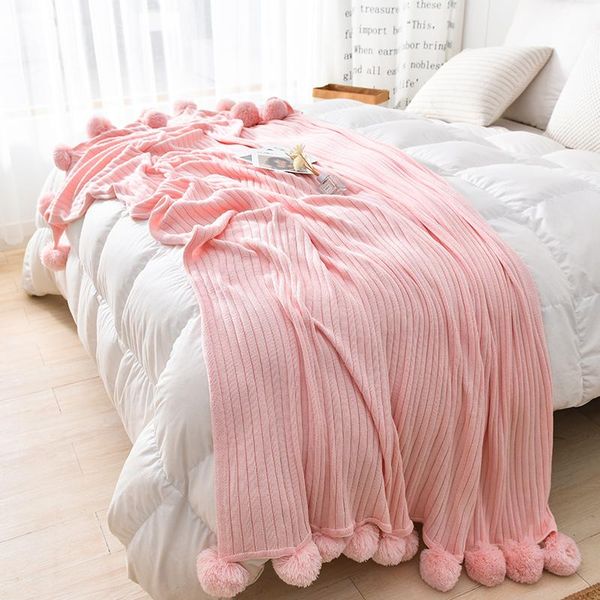 

blankets sofa leisure blanket, pure cotton el model room bed, pink knitted solid color, towel net red ball blanket