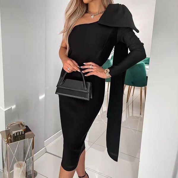 

casual dresses women fashion solid backless zipper slim party one shoulder sleeve bodycon vestidos lady elegant midi dress, Black;gray