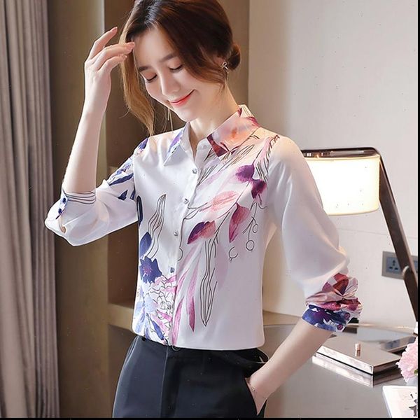 

korean long sleeve office women blouses print plus size white flower