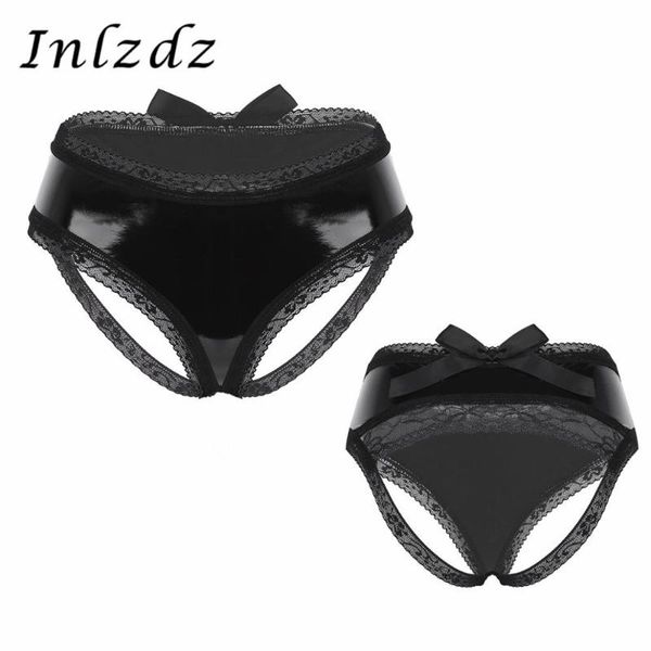 

women's panties women lingerie bikini underwear wetlook faux leather open back floral lace bowknot low rise briefs, Black;pink