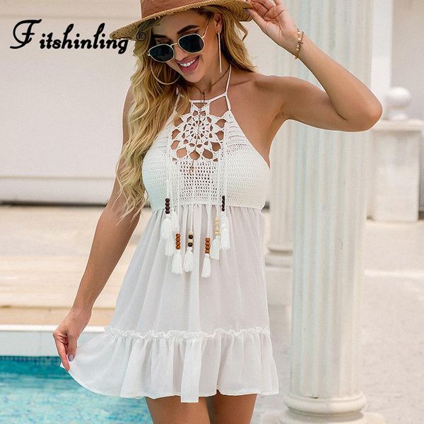 

fitshinling handmade crochet fringe dress women backless summer sundress bohemain white pareo ruffles swimwear beach women's, White;black