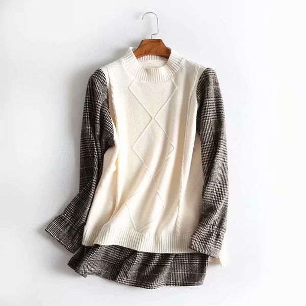

autumn fashion women argyle contrast colors plaid patchwork sleeve sweater stylish chic female knitwear casual pullovers 210520, White;black