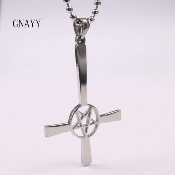 

pendant necklaces gnayy jewelry mens high polished hip-hop stainless steel cross pentagram satanic worship necklace 24-32'', Silver