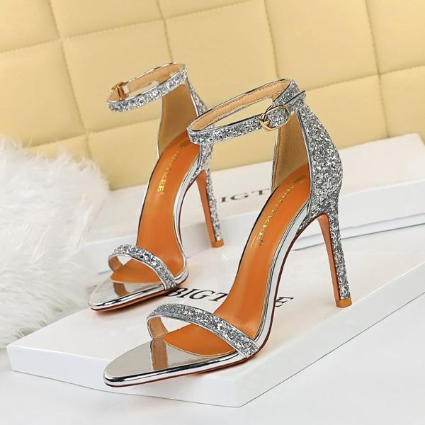 

women sequins high heel fashion solid color sandals for ladies pointed toe hollow female party pro dress beach shoes, Black