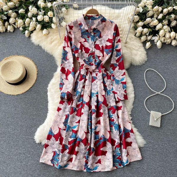 

casual dresses 2021 summer runway designer pleated dress women's long sleeve shirt collar overlay flower print slim party midi n68678, Black;gray