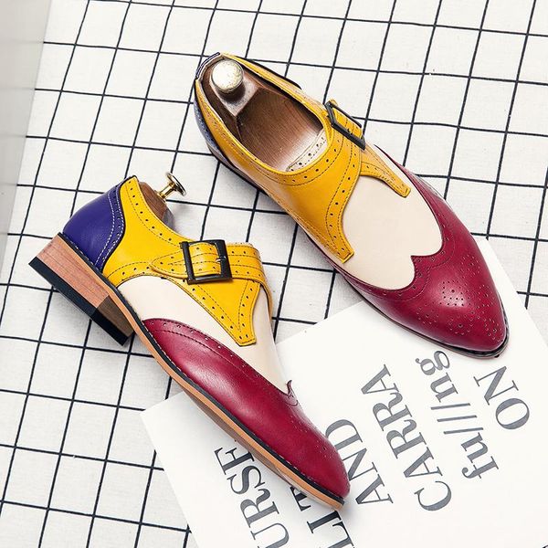 

brogue men shoe buckle strap party footwear for mens pointed toe dress shoes brand fashion carved formal office, Black