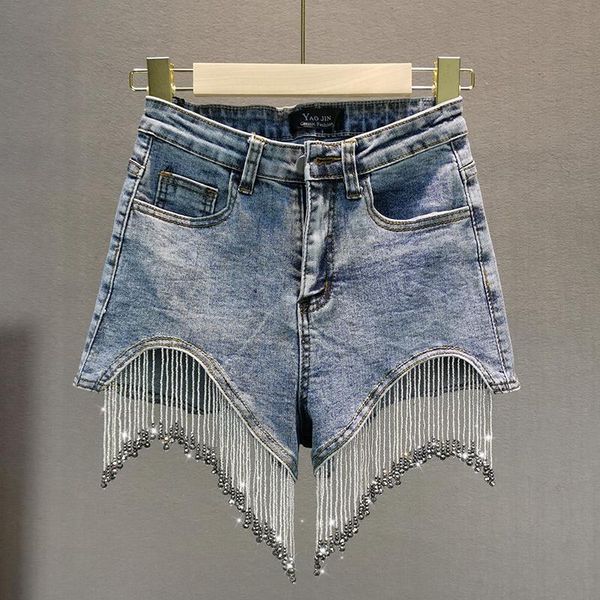 

autumn arrivals high waist pockets rhinestone tassel women fashion trend streetwear blue denim shorts ay577 women's jeans