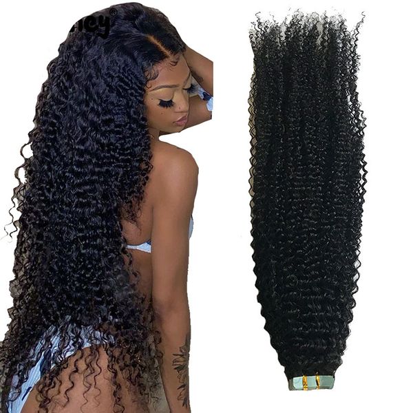 

afro kinky curly tape in human hair extensions 40 pcs natural color skin weft for women mongolian remy hairs, Black