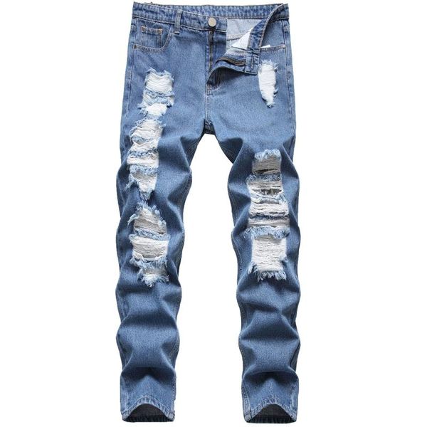 

spring summer destroy hole bleached casual jeans men ripped solid color full length fashion straight denim pants wild men's, Blue