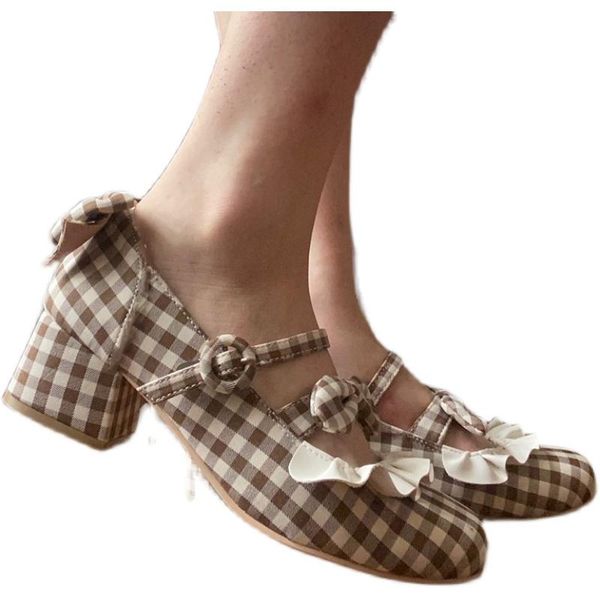 

womens check plaid cloth bow knot round toe block mid heel pumps sandals mary janes lolita shoes girls 2021 dress, Black