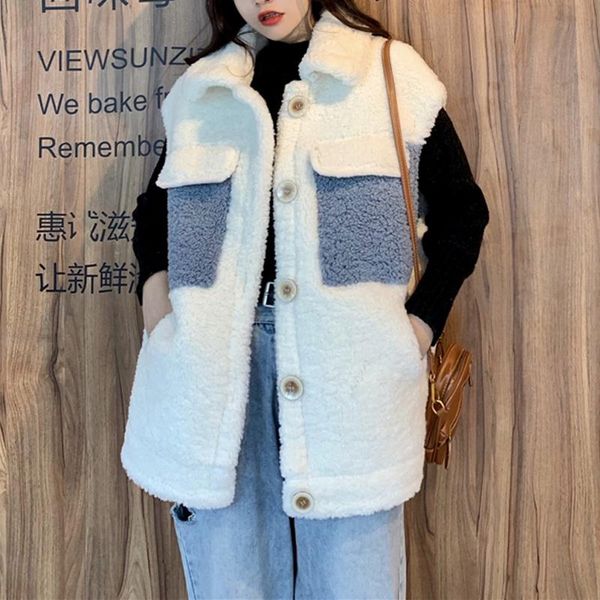 

women's vests 2021 women sleeveless vest winter warm oversized fleece thicken sweatshirt jacket female veats collar waistcoat, Black;white