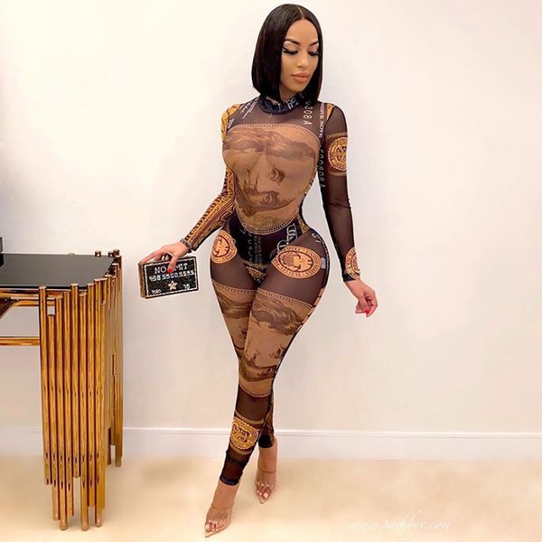 

money printed sheer mesh long sleeve bodycon jumpsuit night out club outfits for woman romper winter 2021, Black;white