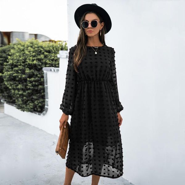 

casual dresses womens fall 2021 pom dots long sleeve crew neck high waist a-line midi dress elegant womans party autumn clothes, Black;gray