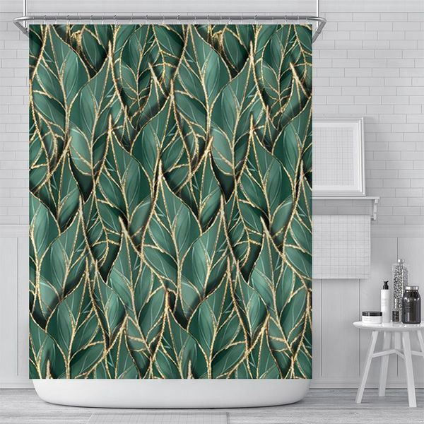 

green leaves printing shower curtain set with 12 hooks bathroom decoration curtains