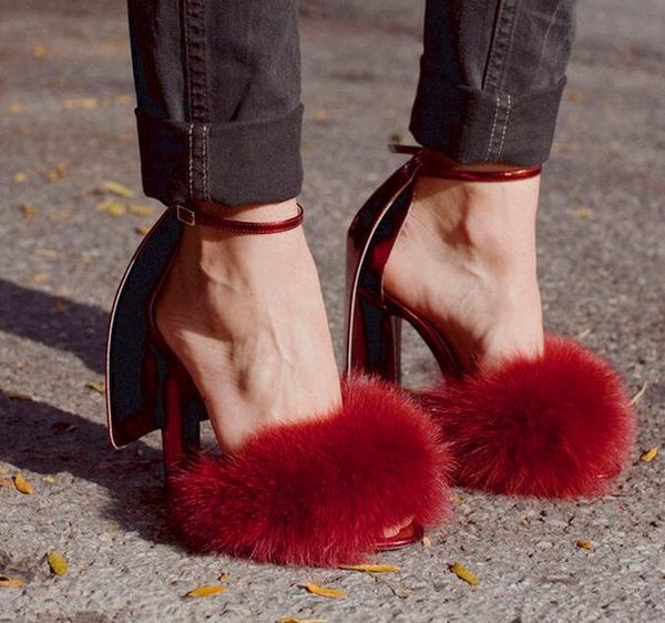 

selling peep toe fur high heel sandals fashion ankle buckle summer red black cover heels wedding party shoes