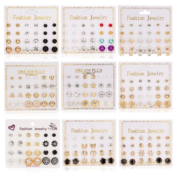 

stud 12pairs/set crystal rhinestone pearl ball flower ear earrings set fashion birthday stone simple jewelry for women, Golden;silver