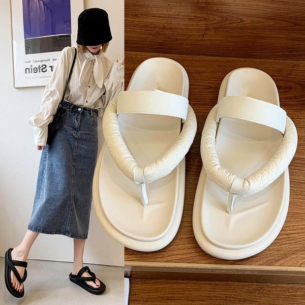 

slippers shoes rubber flip flops low hawaiian rome pu fabric hoof heels, Black