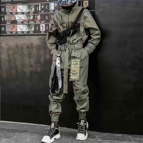 

lacible hip hop streetwear jumpsuits men ribbon embroidered cargo pants long sleeve rompers joggers techwear 210715, Black