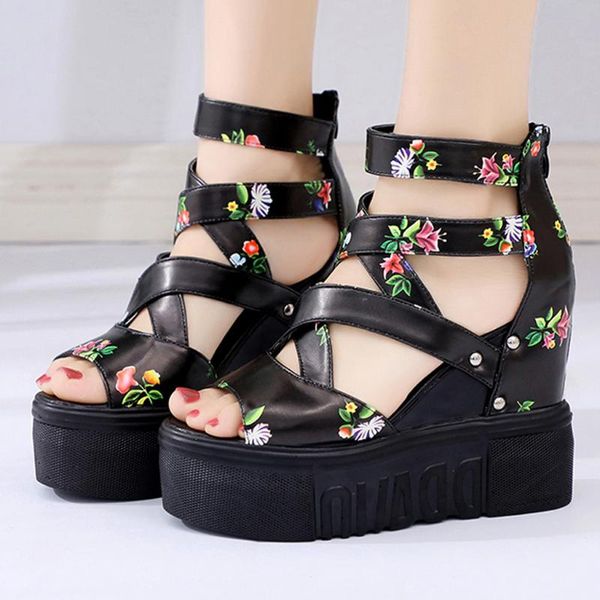 

sagace summer shoes woman fashion roman women's wedge sandals flower back zipper high heel sabdalias femininas, Black