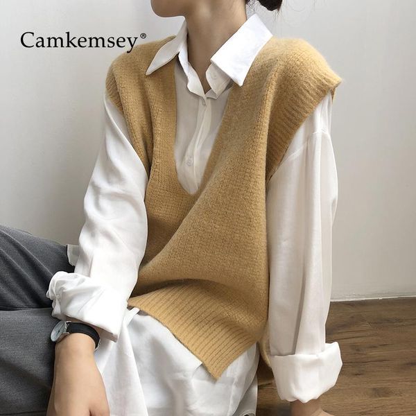 

women's vests camkemsey korean solid basic knitted vest women leisure v-neck autumn loose soft sweater, Black;white