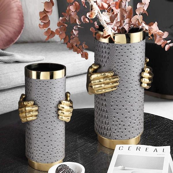 

vases luxtry leather vase with a pair of gold brass hands figurines decor office room deskfor home accessories gift