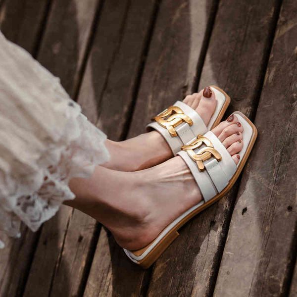 

slippers metal-designed flat-chain flip-flops genuine leather sandals toe open-toed gladiator track in the open-air casual beach sheos ioyd, Black