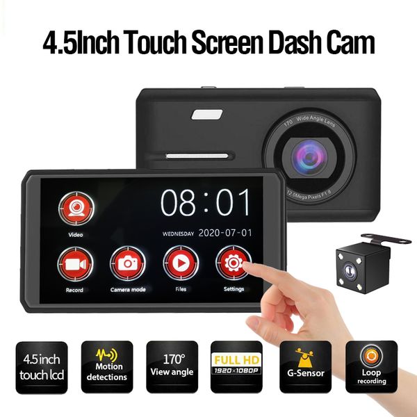 4,5 Zoll Touchscreen HD Nachtsichtfahrkorder 1080p Front- und Heckdoppelfassung Auto DVR