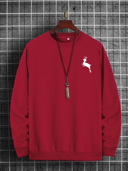 

men deer print crew neck sweatshirt 00ak#, Black