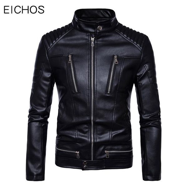 

men's fur & faux 2021 mens leather biker jacket punk style stand collar fashion multiple zipper pu motorcycle coat men leathers, Black