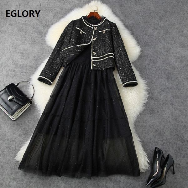 

skirts designer clothing sets autumn winter jacket suit women beading button wool jackets+ ruffle mesh sets 2pc, Black