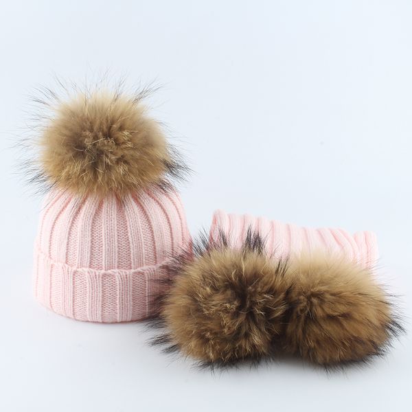 

children real fur pompom knitted beanie hat and scarf set suit baby boys girls hats winter warm 2020, Blue;gray