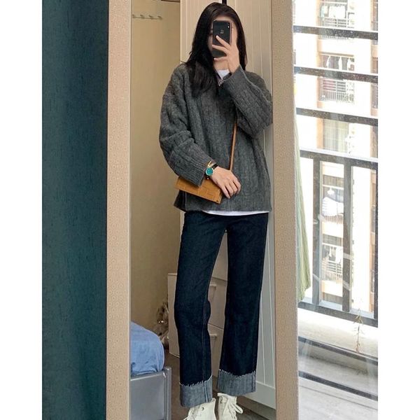 

women's two piece pants sets oversized sweater jeans suits korean version autumn and winter 2021., White