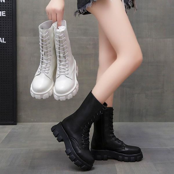 

boots 2021 mid calf women autumn winter fashion lace-up zipper botas mujer sports platform heel ladies shoes, Black