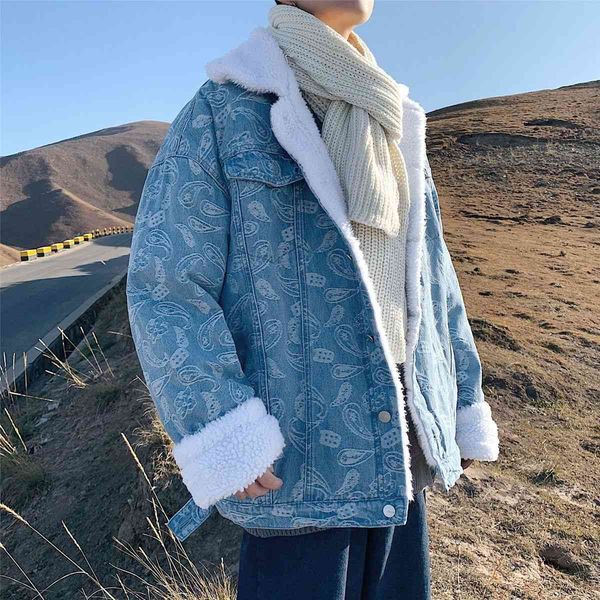 

winter men's thickened lambs denim jackets loose wool printing trench coats in warm parkas black/blue cotton-padded clothes 210524