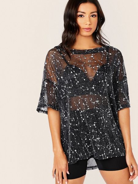 

galaxy print sheer mesh longline tee e2ex#, White