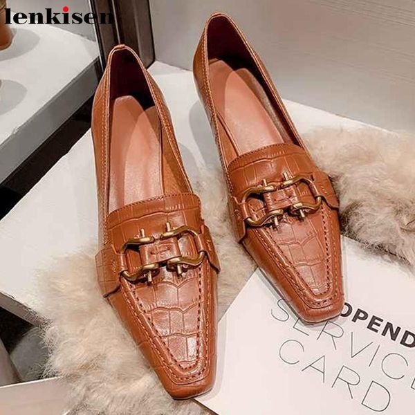 

dress shoes lenkisen vintage print genuine leather metal decorations small square toe high heels slip on loafers women pumps l56, Black